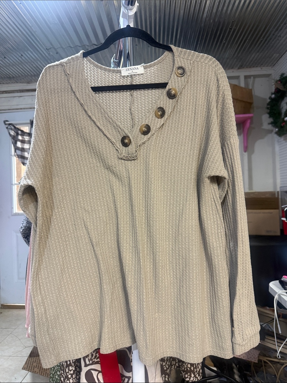 Zenana Outfitters Neutral Tan Textured Knit Tunic with Button Placket
